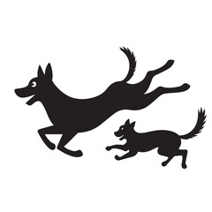 Dog and Cat Chasing Silhouette – Playful Pet Vector, Black Animal Silhouette on White Background