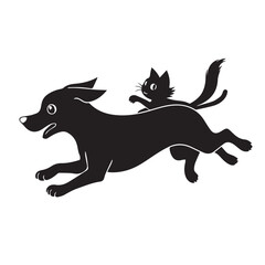 Dog and Cat Chasing Silhouette – Playful Pet Vector, Black Animal Silhouette on White Background