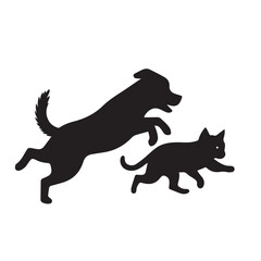Dog and Cat Chasing Silhouette – Playful Pet Vector, Black Animal Silhouette on White Background
