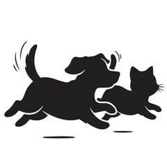 Dog and Cat Chasing Silhouette – Playful Pet Vector, Black Animal Silhouette on White Background