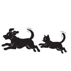 Dog and Cat Chasing Silhouette – Playful Pet Vector, Black Animal Silhouette on White Background