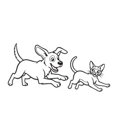 Dog and Cat Chasing Silhouette – Playful Pet Vector, Black Animal Silhouette on White Background
