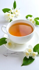 A cup of tea sits on a saucer, surrounded by jasmine blossoms and leaves on a light marble surface
