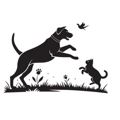 Dog and Cat Chasing Silhouette – Playful Pet Vector, Black Animal Silhouette on White Background