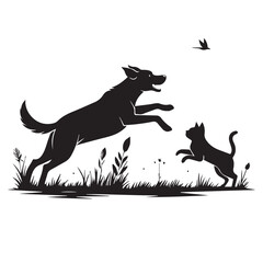 Dog and Cat Chasing Silhouette – Playful Pet Vector, Black Animal Silhouette on White Background