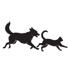Dog and Cat Chasing Silhouette – Playful Pet Vector, Black Animal Silhouette on White Background