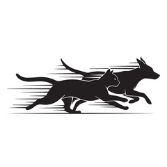Fototapeta premium Dog and Cat Chasing Silhouette – Playful Pet Vector, Black Animal Silhouette on White Background