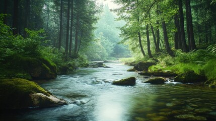Obraz premium A pristine forest landscape with crystal-clear rivers and abundant flora, on blurred background