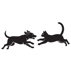 Dog and Cat Chasing Silhouette – Playful Pet Vector, Black Animal Silhouette on White Background