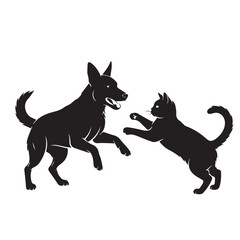 Dog and Cat Chasing Silhouette – Playful Pet Vector, Black Animal Silhouette on White Background