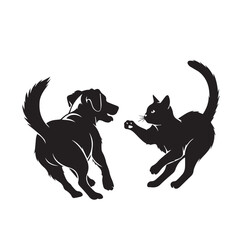 Dog and Cat Chasing Silhouette – Playful Pet Vector, Black Animal Silhouette on White Background