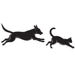 Dog and Cat Chasing Silhouette – Playful Pet Vector, Black Animal Silhouette on White Background