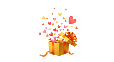 Yellow Gift Box with Hearts Exploding on Black Background