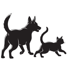 Dog and Cat Chasing Silhouette – Playful Pet Vector, Black Animal Silhouette on White Background