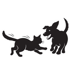 Dog and Cat Chasing Silhouette – Playful Pet Vector, Black Animal Silhouette on White Background