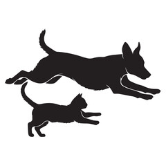 Dog and Cat Chasing Silhouette – Playful Pet Vector, Black Animal Silhouette on White Background