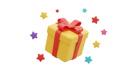 Obraz premium Yellow Gift Box with Red Ribbon and Colorful Stars