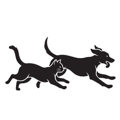 Dog and Cat Chasing Silhouette – Playful Pet Vector, Black Animal Silhouette on White Background