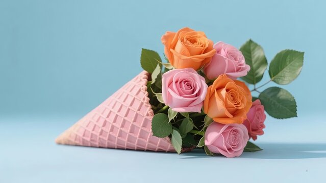 Pink waffle cone filled with orange and pink roses against a light blue background