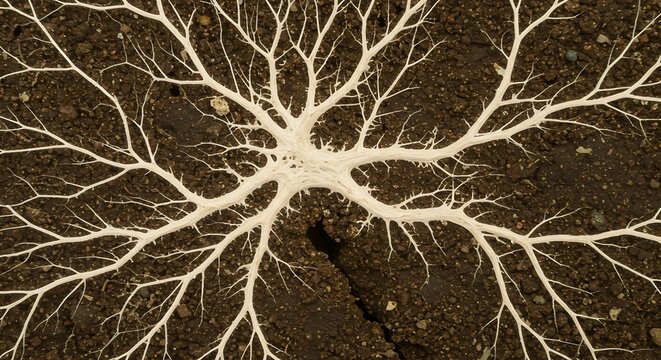 Tie dye closeup overhead view of a complex network of white fungal mycelium spreading through dark soil for commercial usage