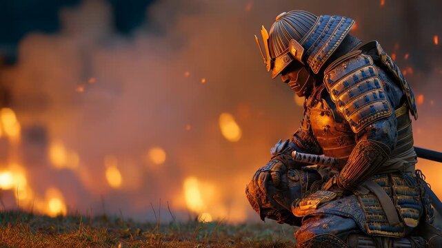 Samurai warrior in full plate armor kneeling amidst flames in a battlefield at dusk
