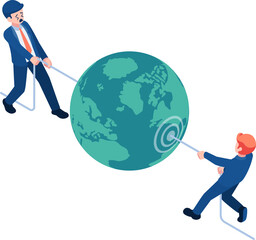 Isometric Competition Two Businessmen Pulling Teal Globe Conflict Over World Domination Global...