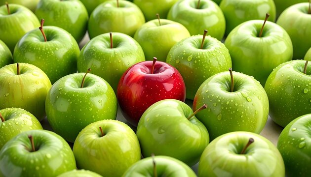 A single red apple stands out amongst many green apples