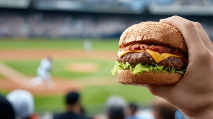 A close-up shot of a hand holding a delicious burger with a blurred baseball game happening in the background.