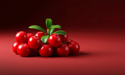 Obraz premium Close-up of fresh juicy cranberries with foliage on a dark red isolated background