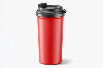 Bright Red Travel Mug with Black Lid on Plain Background