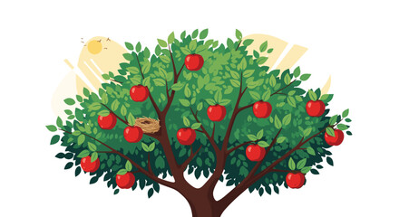 A lush apple tree heavy with ripe red fruit stands tall in the bright sunshine.