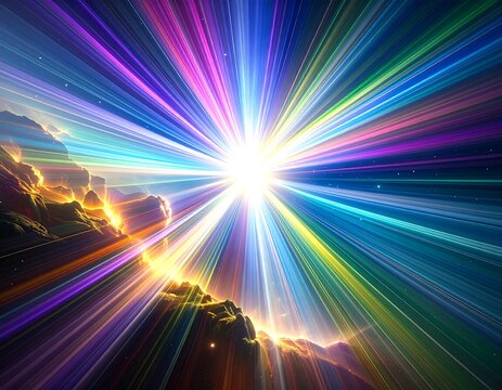 Vibrant light rays burst from a celestial body, illuminating a mountainous landscape - Powered by Adobe