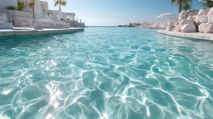 Clear Turquoise Swimming Pool Water Surface Reflecting Sunlight with White Stone Accents and Distant Ocean View on Sunny Day