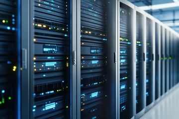 A modern server room features multiple rows of interconnected computing racks with numerous blinking lights, indicating active data processing and network operations.