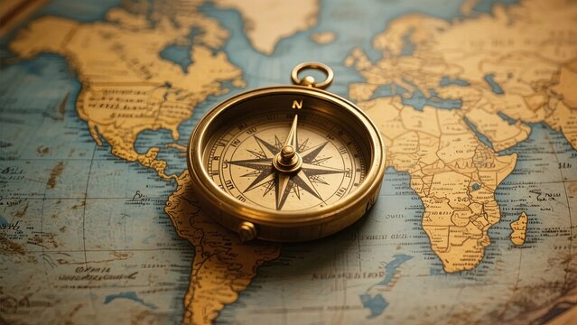 Antique brass compass resting on a vintage world map, highlighting exploration and navigation themes.