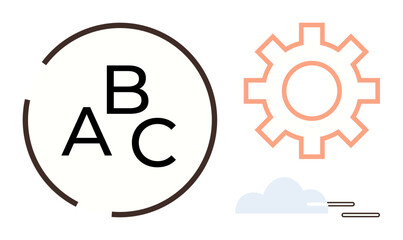 Alphabet letters A, B, C enclosed in a circle, adjacent to a gear and moving cloud. Ideal for education, training, workflow, innovation cloud technology teamwork and process simplification. Simple