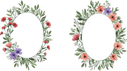 Watercolor floral wreath frames with leaves and blooms on transparent background