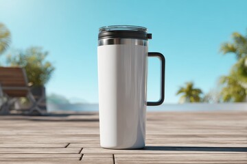 Obraz premium Stylish Insulated Travel Mug on Wooden Deck Under Sunny Sky