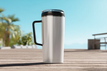 Obraz premium Sleek White Travel Mug on Wooden Deck with Ocean View in Sunlight