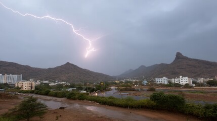 Dramatic pink lightning strikes above rugged mountain peaks with moody clouds and subtle fog in a distant landscape featuring urban buildings and lush greenery, conveying a powerful and moody atmosph