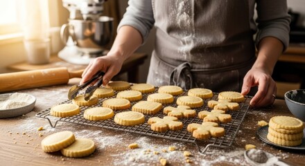 A person in an apron, cutting cookies with a knife on a cooling rack.