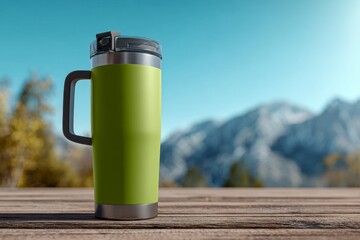Bright Green Travel Mug on Wooden Table with Mountain Background