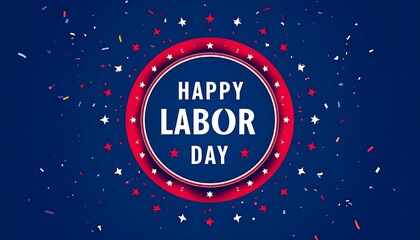 Naklejka premium Happy Labor Day graphic with confetti. Red and blue circular badge