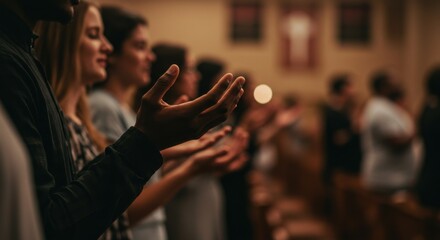 African American man praying with other parishioners. Christian worship service for faith and devotion. Religious pray for spiritual guidance.