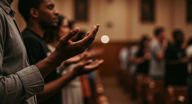 Man with raised hands praying in church. Religious worship during Christian service. Group prayer meeting in a religious setting.