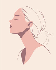 A woman with light hair is depicted in profile view with her eyes closed, showing serenity and grace. Soft pastel colors create a calming effect in this artwork.