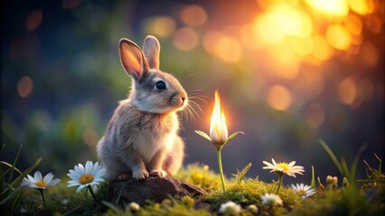 A curious bunny contemplates a glowing flower amidst a field of daisies at sunset