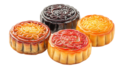 Four colorful mooncakes with intricate designs isolated on a transparent background