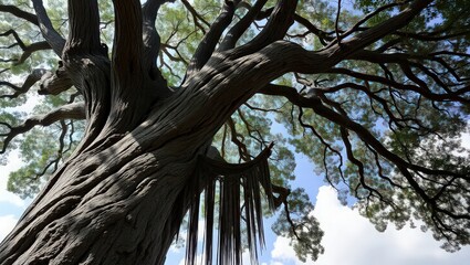 Fototapeta premium A low angle shot of a large tree with thick branches reaching up to the sky, creating a sense of awe