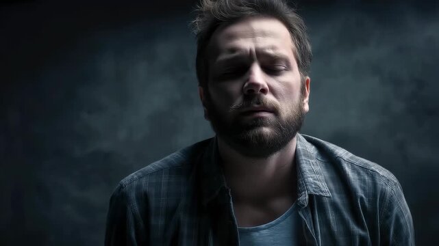 Man displaying signs of emotional pain and sadness in a dimly lit room while engaging in self-reflection